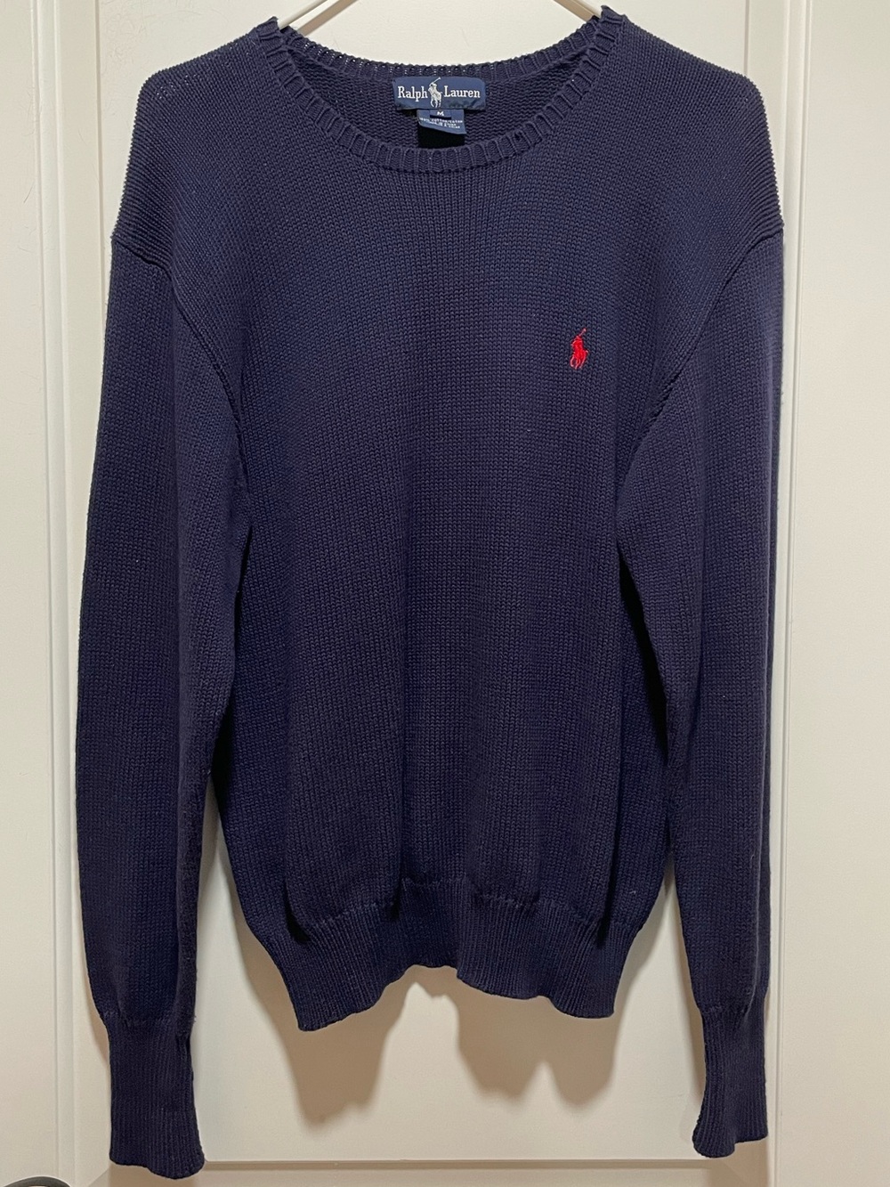 Classic Lux Ralph Lauren Womens Navy Crew Sweater Red Pony Preppy Sz M Cotton